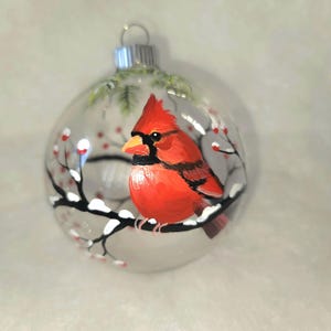 Hand Painted Cardinal Christmas Ornament: Winter Scene Glass Globe