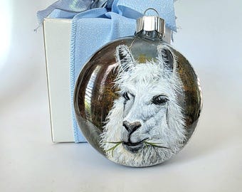 Hand Painted Christmas Ornament/3D effect/Llama in an Autumn Tree Scene/Unique gift/Gift Box/Ornament Hanger