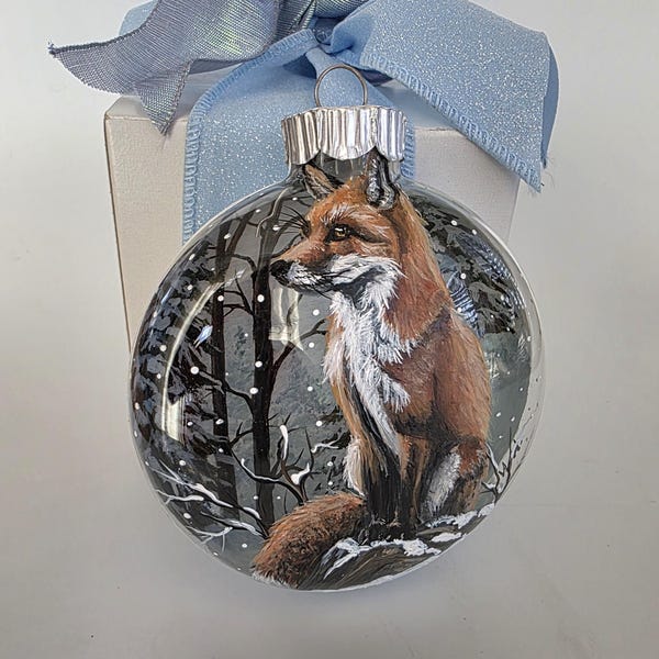 Hand-Painted Sitting Fox Christmas Ornament, 3D Snowy Scene, Gift Box