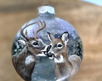 Hand Painted Ornament/3D effect/Deer Couple in Wintery Scene/glass disk/Gift Box/Ornament Hanger