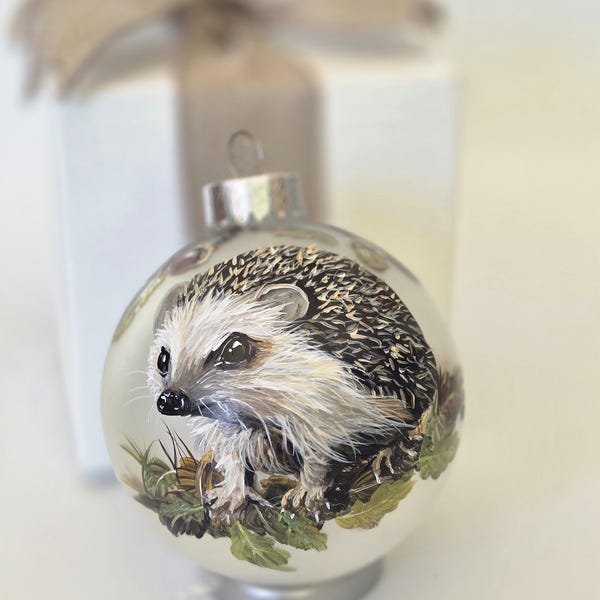 Hand-Painted Hedgehog Ornament, Frosted Glass Globe with Gift Box