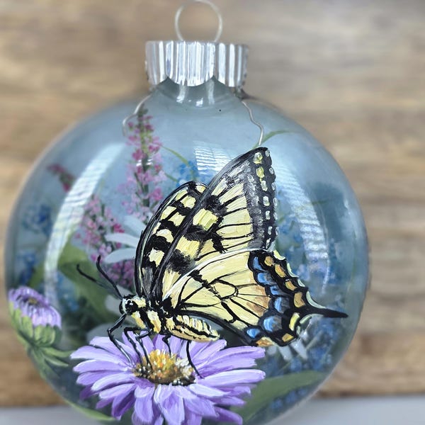 Hand-Painted Swallowtail Butterfly Ornament, 3D Flower Garden Art