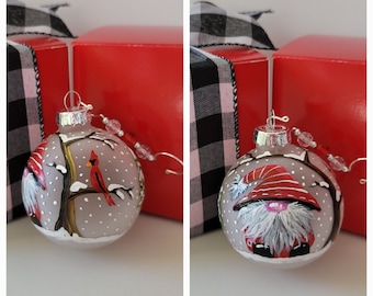 Hand painted Christmas ornament/Nordic Gnome with Red Cardinal in a winter scene/Gift box and ornament hanger included