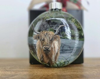 Hand-Painted Highland Cow Ornament: 3D Scottish Highlands/Castle Ruin Scene/Glass disk
