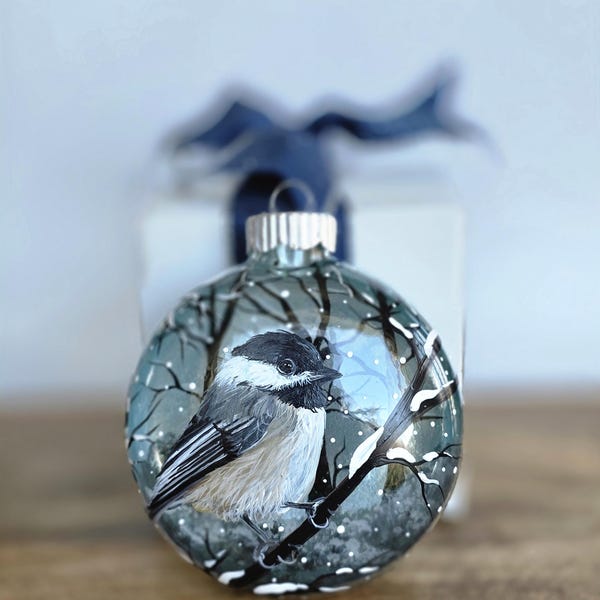Hand Painted Chickadee Christmas Ornament: 3D Effect, Gift Box