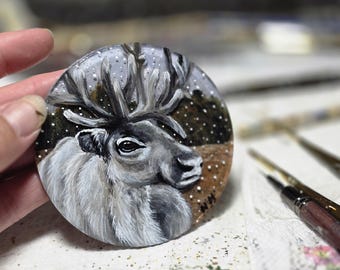 Hand Painted Reindeer/Caribou  Ornament: acrylic flat disk