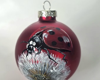 Hand-Painted Ladybug and a dandelion clock ornament/2.6 inch Red Glass Ornament