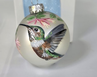 Hand Painted Hummingbird Ornament: Matt Pearl Globe with Honeysuckle