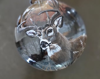 Hand Painted Ornament/3D effect/Buck Whitetail deer in Sunset,  Winter water  Scene/glass disk/Gift Box/Ornament Hanger