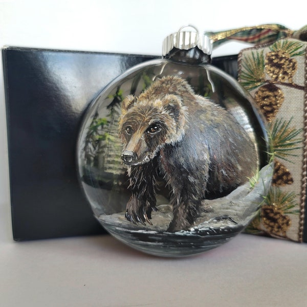 Hand Painted Bear Christmas Ornament: 3D Glass Disc Art