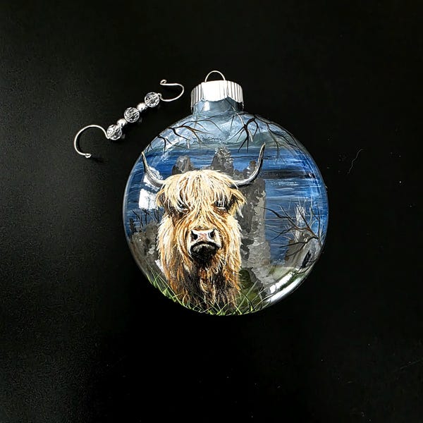 Hand-Painted Highland Cow Christmas Ornament: 3D Scottish Castle Scene