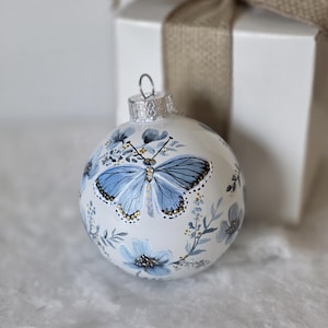 Hand Painted Ornament/blue and white ornament/Unique gift/butterfly Collectible/Gift Box/white Glass Globe/Ornament Hanger
