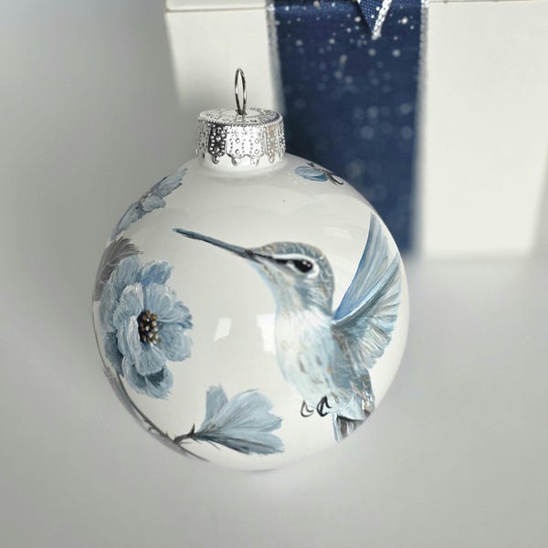 Hand Painted Hummingbird: Blue Floral Glass Globe, Gift Box