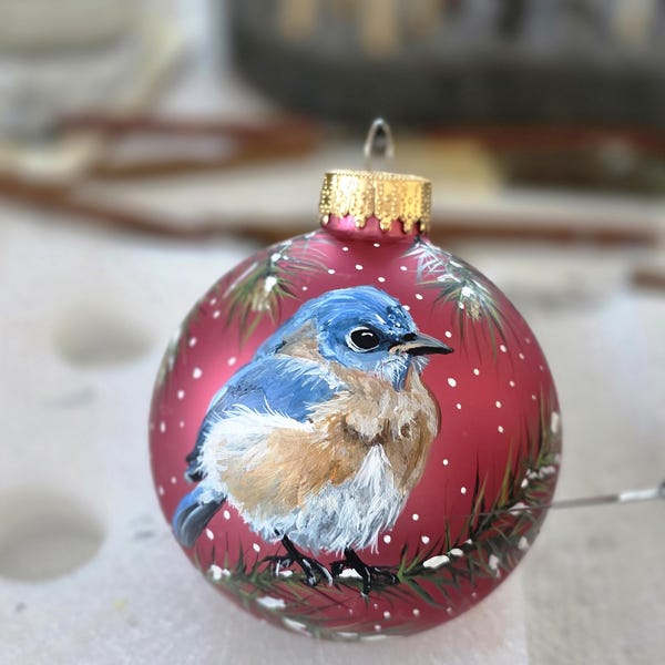 Hand Painted Bluebird Ornament in Pine Branches/Matt Fushia Glass Ornament