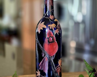 Hand Painted Oil/Vinegar bottle:Male Red Cardinal in Autumn Branches/Blue Glass