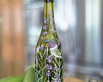 Hand painted Oil Bottle with a hummingbird flying through the lavender/Oil bottle/Unique Gift