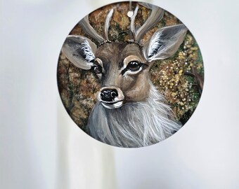 Hand Painted Stag in Autumn colored Foliage  Ornament: acrylic flat disk