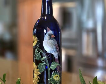 Hand Painted Oil/Vinegar bottle:Female Red Cardinal with Sunflowers/Blue Glass