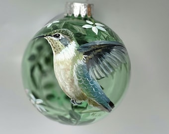 Hand Painted Ornament/Hummingbird with Jasmine/Unique gift/Bird Collectible/Gift Box/Green Glass Globe/Ornament Hanger