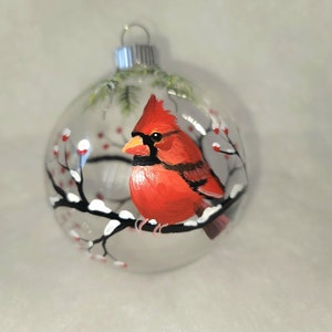 Hand Painted Christmas Ornament/Red Cardinal Winter Scene/Unique gift/Bird Collectible/Gift Box/Glass Ornament/Ornament Hanger