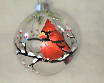 Hand Painted Christmas Ornament/Red Cardinal Winter Scene/Unique gift/Bird Collectible/Gift Box/Glass Ornament/Ornament Hanger
