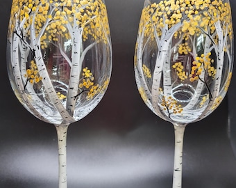Hand Painted Fall Aspen Tree Wine Glass