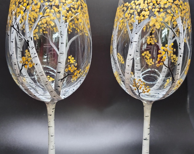 Hand Painted Fall Aspen Tree Wine Glass