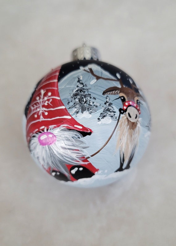 Nordic Gnome and Reindeer Ornament: Hand-Painted Winter Scene