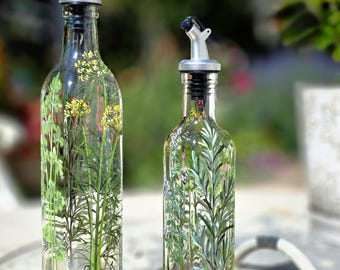 Hand Painted Herbs on an Oil/Vinegar Dispenser: Unique Kitchen Gift/17ozs