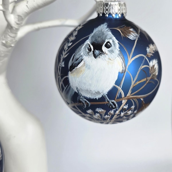 Hand Painted titmouse Ornament: Blue Matt Glass Globe with Winter Foliage