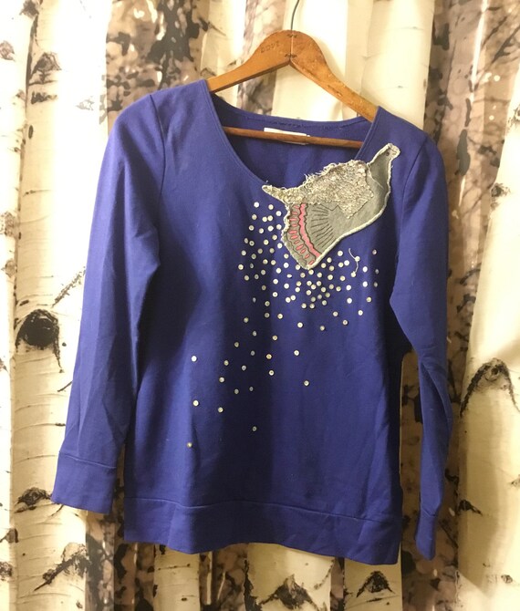 Royal blue sequin bird applique light sweatshirt