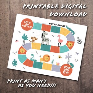 May include: A printable potty training chart featuring a jungle theme with colorful animals, including a zebra, monkey, lion, flamingo, snake, and crocodile. The chart has the text "Let's Go Potty!" and "You Did It!"