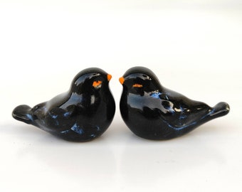 Ceramic Birds Pair | Black Birds Figurine Pair | Small Pottery Cute Birds