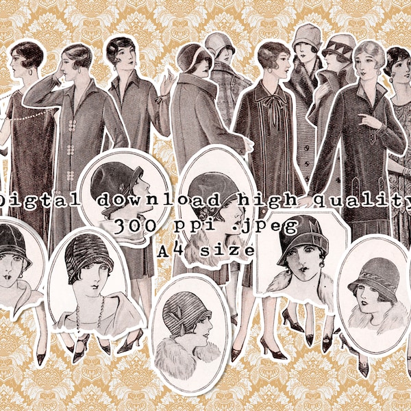 1920 Fashion Ephemera fuzzycut, Dresses, hats, coats 20s ladys, retro vintage junk journal clip art Digital download