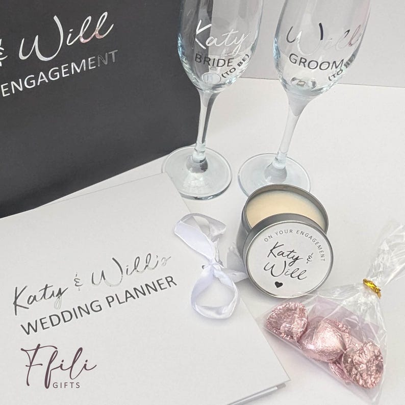 Engagement Gift Box – Personalised Champagne Glasses, Chocolates, Wedding Planner & Scented Candle. Comes with Gift box and/or Gift Bag. image 11