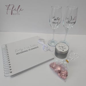 Engagement Gift Box – Personalised Champagne Glasses, Chocolates, Wedding Planner & Scented Candle. Comes with Gift box and/or Gift Bag. image 3
