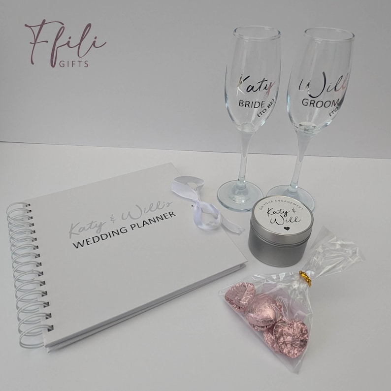 Engagement Gift Box – Personalised Champagne Glasses, Chocolates, Wedding Planner & Scented Candle. Comes with Gift box and/or Gift Bag. image 3