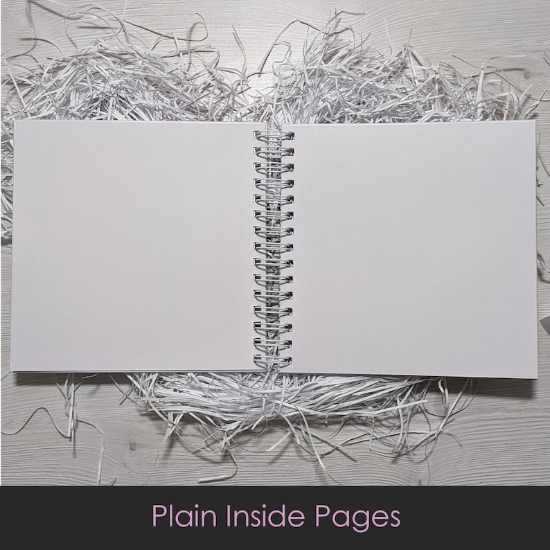 May include: An open, blank notebook with a spiral binding, resting on a bed of shredded silver paper. The notebook's pages are white, and the text "Plain Inside Pages" is at the bottom of the image.
