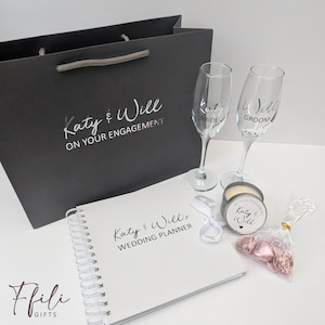 Engagement Gift Box – Personalised Champagne Glasses, Chocolates, Wedding Planner & Scented Candle. Comes with Gift box and/or Gift Bag. image 2
