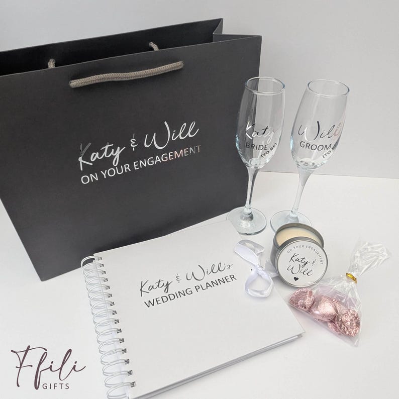 Engagement Gift Box – Personalised Champagne Glasses, Chocolates, Wedding Planner & Scented Candle. Comes with Gift box and/or Gift Bag. image 2