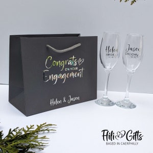 Congrats on your Engagement Gift set - gift bag with Bride and Groom to be champagne glasses