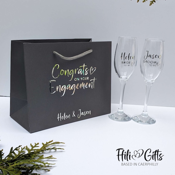 Congrats on your Engagement Gift set - gift bag with Bride and Groom to be champagne glasses