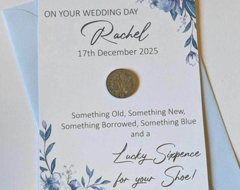 Wedding sixpence print, Wedding favours, Sixpence for the bride, Brides lucky sixpence, Something old, something new, something blue