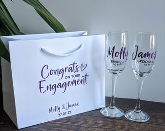 Congrats on your Engagement Gift set - gift bag with Bride & Groom to be champagne glasses