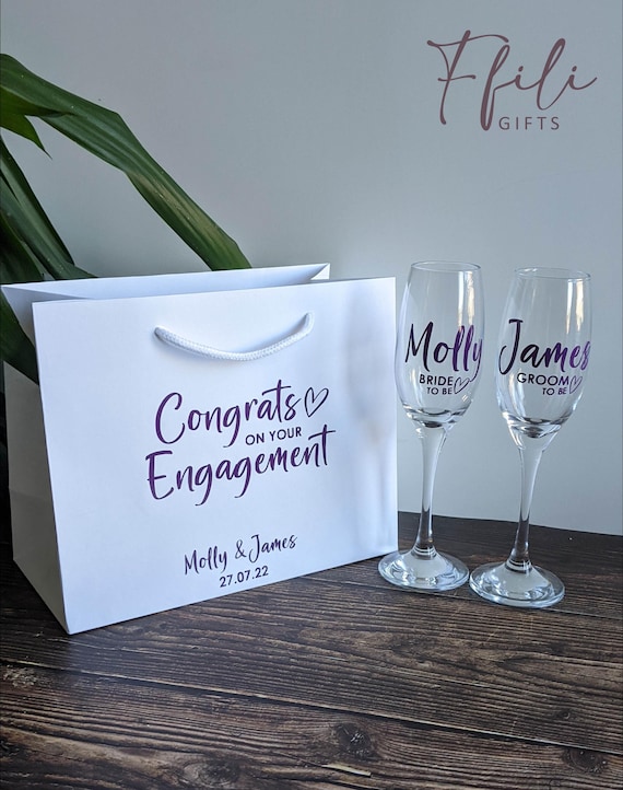 Congrats on your Engagement Gift set - gift bag with Bride & Groom to be champagne glasses