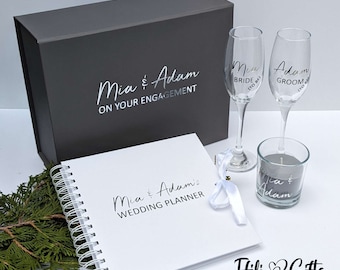 Engagement Gift with 2 champagne glasses, candle and wedding planner. Comes with Gift box and/or Gift Bag. Grey & Silver