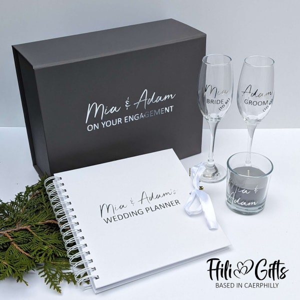 Engagement Gift with 2 champagne glasses, candle and wedding planner. Comes with Gift box and/or Gift Bag. Grey & Silver