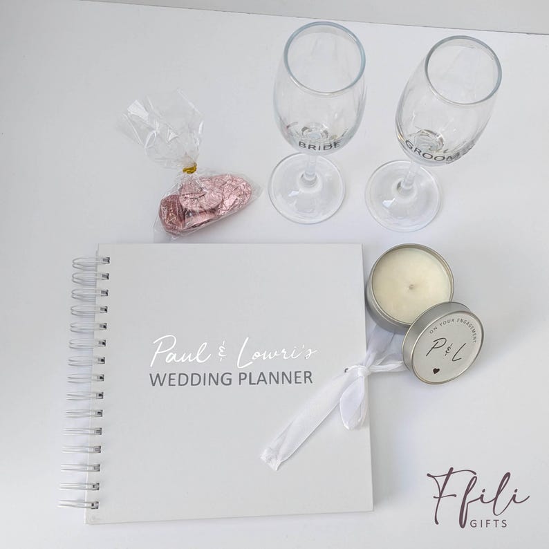 Engagement Gift Box – Personalised Champagne Glasses, Chocolates, Wedding Planner & Scented Candle. Comes with Gift box and/or Gift Bag. image 9