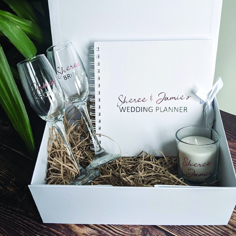 Engagement Gift with personalised wedding planner, champagne glasses and scent candle. Rose Gold and Silver 