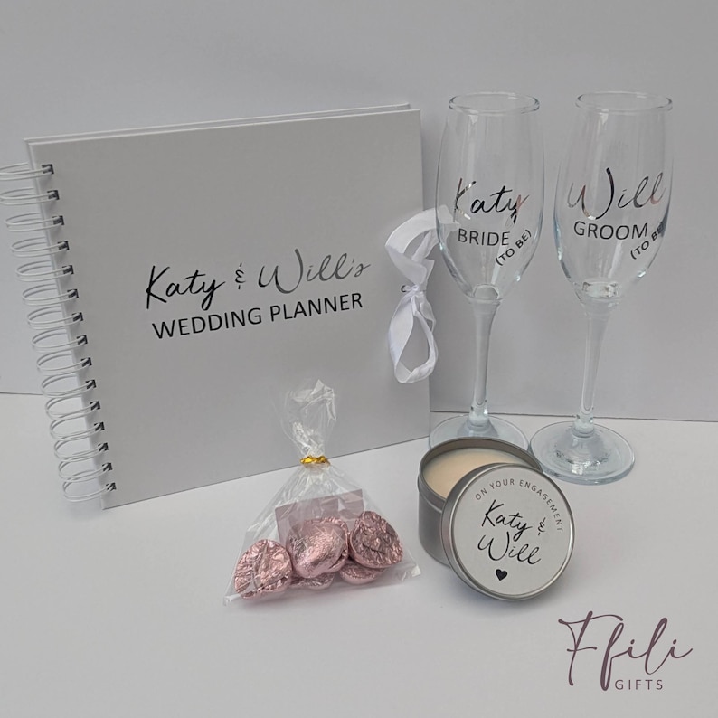 Engagement Gift Box – Personalised Champagne Glasses, Chocolates, Wedding Planner & Scented Candle. Comes with Gift box and/or Gift Bag. image 8